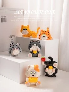 微粒積木kikimimi貓卡通動作人物桌面裝飾教育組裝玩具,適合兒童 - 杏色 - 查看 4