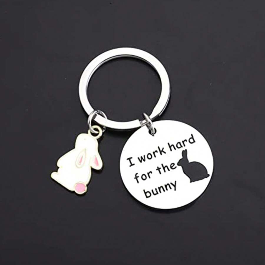 1pc Unisex New Arrival Pink Rabbit Design Stainless Steel American Style Keychain Creative Personalized Cute Keyring Animal Lover Gift For Valentine's Day - Silver - View 1