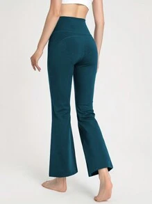 女款高腰瑜珈喇叭褲,附口袋彈性收腹健身緊身褲,純色寬褲休閒褲