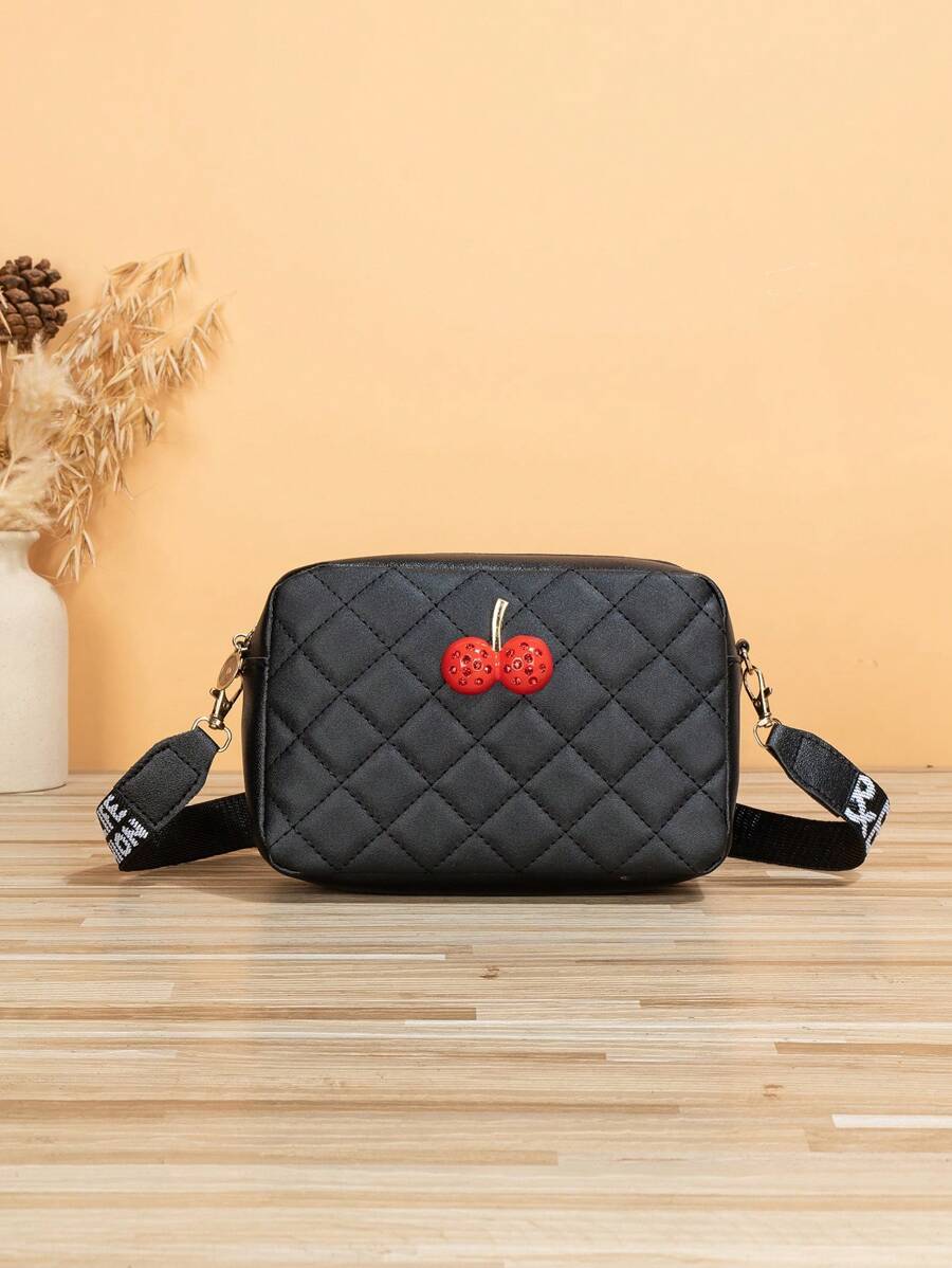 Rhinestone Cherry Decorated Diamond Shaped Checkered Shoulder Bag - Black - View 1