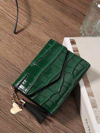 Crocodile Embossed Flap Metal Heart & Tassel Decor Coin Pocket Small Bifold Women Wallet Mini Lightweight Minimalist Fashion Modern Business For Anniversary For Birthday Gift For Gift For Girls For Lady For Female Bag School Supplies For School Dorm Room & Back To School For Women Wallet Purse Wallet Small Wallet