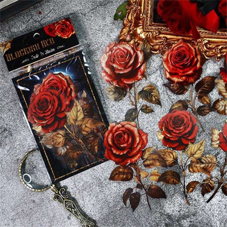 6 Piezas/pack Pegatina Para Mascotas Serie De Sombras Del Castillo - Estilo Gótico Oscuro Y Temática De Rosas Para Decoración De Álbumes De Recortes De Bricolaje - Rojo - Ver 1