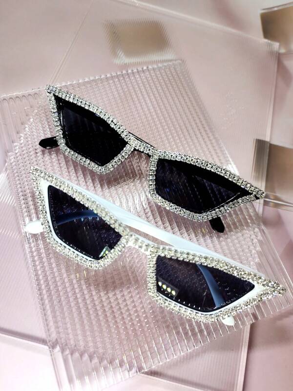 015068863-0007-17077 2pcs/Set Women's Crystal Embellished Pink Frame Y2K Luxury Party Catseye Glasses, Comes With Cleaning Cloth, For Beach, Party, Wedding; Also Available In Black & White Bridal Glasses Halloween Valentines For Summer Beach Vacation,Outdoor,Travel