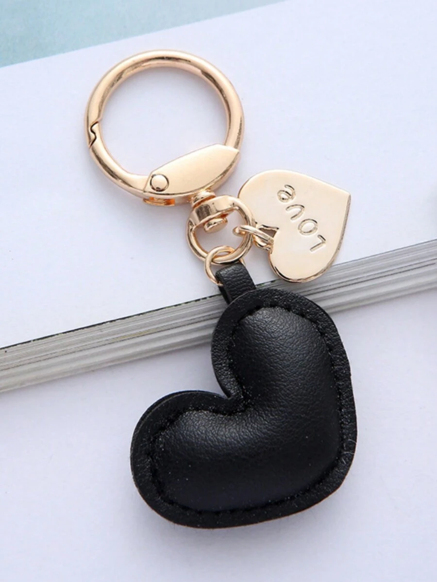1pc Unisex Simple Leather Keychain With Heart Pendant , Couple Gift , Bag Accessory Car Accessaries Women - Hitam - View 1