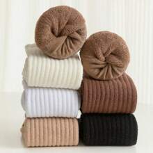 Sports Outdoor 6 Pairs Women's Mid-Calf Towel Bottom Socks, Cotton Sweat-Absorbent Anti-Odor Sports Socks, Non-Slip Pile Socks Suitable For All Seasons, Solid Color Towel Bottom Knee-High Socks For Wearing Outside