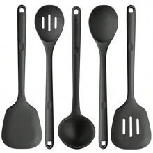 600℉ Heat Resistant Kitchen Utensil: U-Taste 13.6" Silicone Cooking Tools Gadgets Set, Non Stick Solid and Slotted Turner Spatula, Mixing Spoon, and Soup Ladle (5 Pieces)