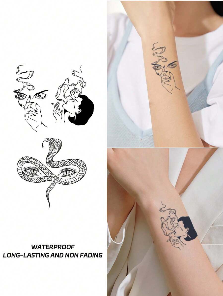 1片防水不反光蛇形紋身貼紙,男女適用,可貼在手臂或手腕上 - 黑色 - 查看 1