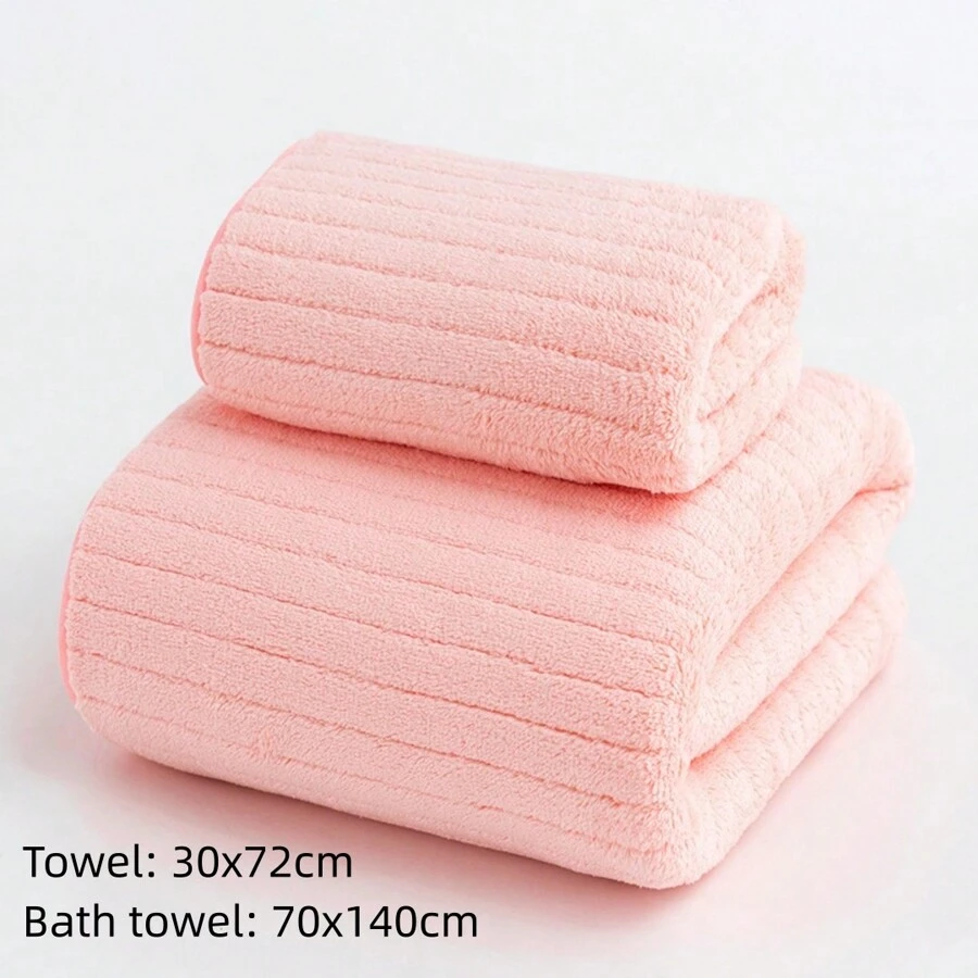 2pcs/set Pink Bath Towel And Hand Towel - Pink - View 1