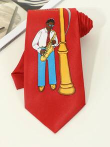 1pc Men's Fashionable Guitar Instrument & Staff Pattern Interesting Necktie Suitable For Parties, Banquets, And Daily Wear - Red - View 4