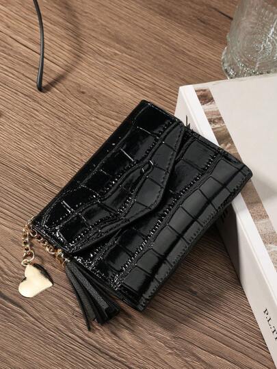 Crocodile Embossed Flap Metal Heart & Tassel Decor Coin Pocket Small Bifold Women Wallet Mini Lightweight Minimalist Fashion Modern Business For Anniversary For Birthday Gift For Gift For Girls For Lady For Female Bag School Supplies For School Dorm Room & Back To School Business Casual For Women Wallet Purse Wallet Small Wallet