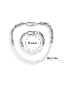 1入男士珠子手鍊和1入項鍊珠寶套裝 - 銀色 - 查看 7