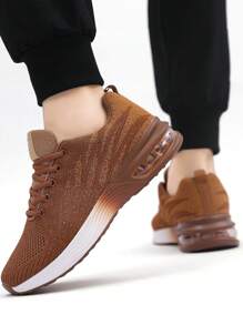 男士拼色漸層針織繫帶氣墊運動鞋,舒適透氣避震戶外跑鞋,適合戶外運動、慢跑健身散步 - 棕色 - 查看 3