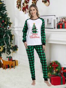 2pcs Women's Christmas Pajama Set, Christmas Tree Plaid Long Sleeve Top And Long Pants, Comfortable Holiday Loungewear, Autumn/Winter - White - View 1
