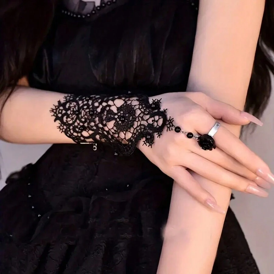 1支戒指蕾絲手套復古中空無指黑手套巴洛克婚禮禮服手套
