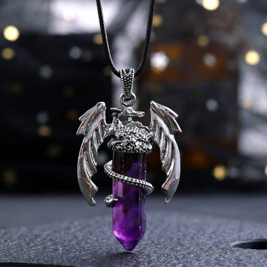 時尚晶、粉水晶、虎眼石復古墜子頸鍊,飛龍造型合金項鍊,雙頭水晶墜子,蠟繩項鍊