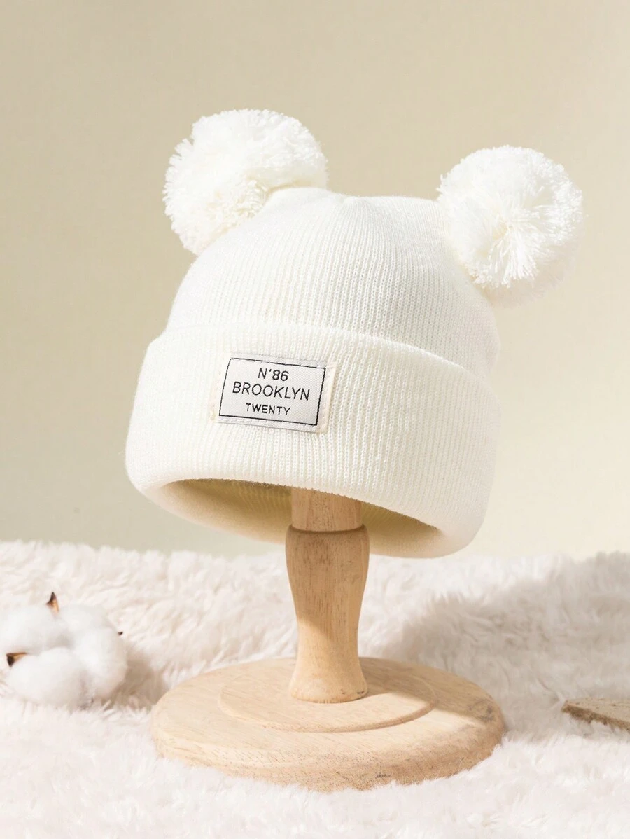 1pc Women's Double Pom Pom Knit Hat, Warm Ear Protection Beanie, Cute Thick Windproof & Cold-Proof Fashion Hat - White - View 1