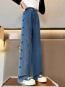 Quần Jeans Ống Rộng In Hình Trái Tim Dày Dặn Cho Bé Gái Tuổi Teen, Hàng Mới Về Mùa Đông 2023 1 Chiếc - Màu xanh lam - Xem 5