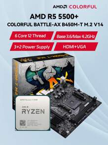 Amd Ryzen 5 5500 和七彩虹 Battle-ax B450m-t M.2 V14 套裝 B450 晶片組 Matx Pc 主機板,amd Am4 Zen 3 6 核 12 線程 Cpu,ddr4,pcie 3.0,m.2,sata,usb 3.2 無集成圖形,無cpu 盒 - 黑色 - 查看 1