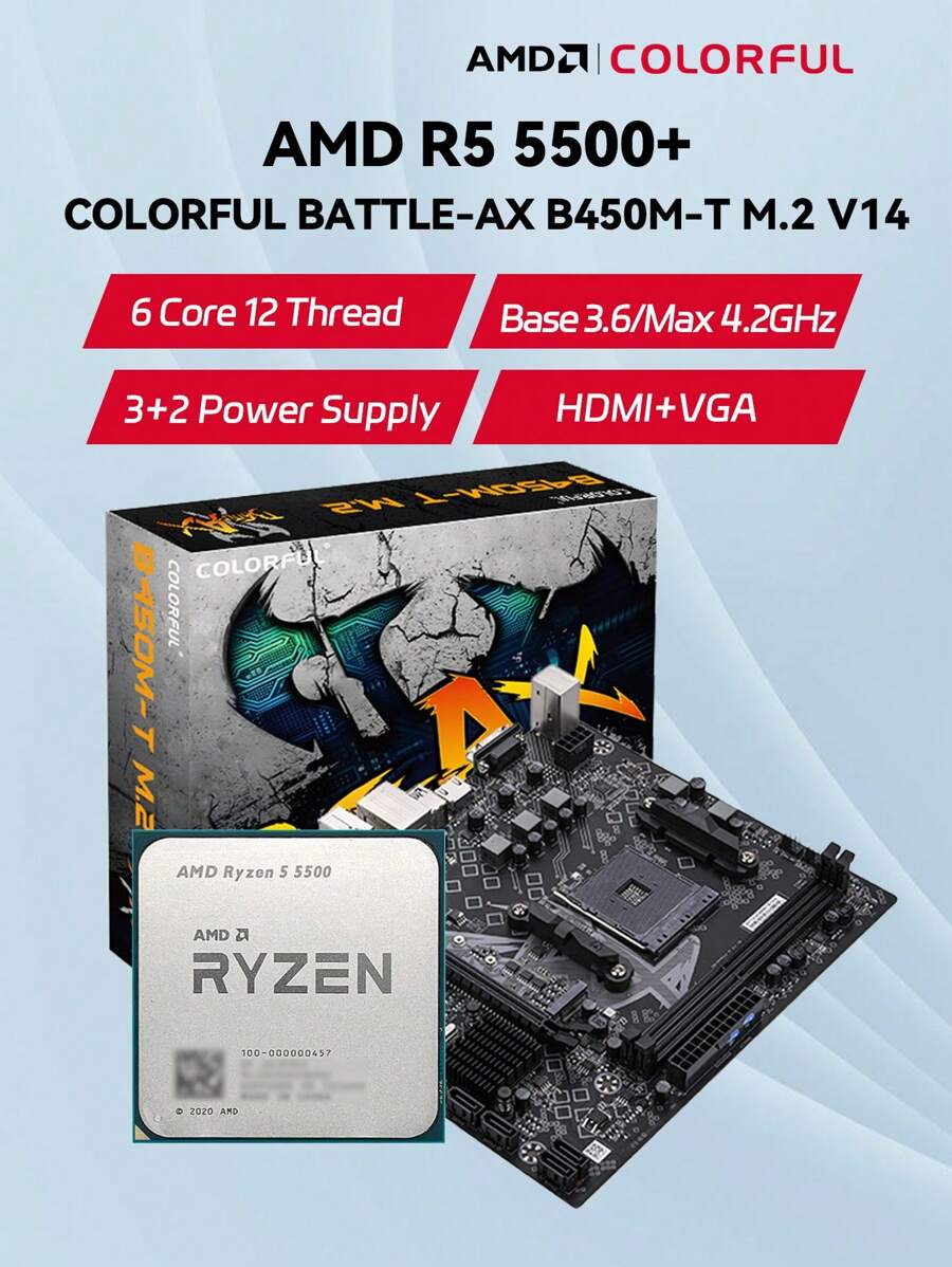 Amd Ryzen 5 5500 和七彩虹 Battle-ax B450m-t M.2 V14 套裝 B450 晶片組 Matx Pc 主機板,amd Am4 Zen 3 6 核 12 線程 Cpu,ddr4,pcie 3.0,m.2,sata,usb 3.2 無集成圖形,無cpu 盒 - 黑色 - 查看 1