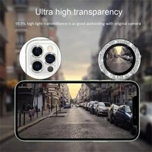 Protecteur d'appareil photo en strass de luxe pour iPhone 15 14 13 12 11 Pro Max, protecteur de verre trempé de lentille à anneau métallique compatible avec l'iPhone 11 Pro Max 12 Mini Full coque