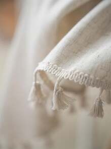Bubaba 1pc Bohemian Bamboo Knot Linen Rectangular Tablecloth With Tassels, Beige Color, Home Decor For Dining Room, Kitchen, Bedroom, Living Room, Party, Wedding, Holiday Celebration, Fits Round Tables, Cafe - Beige - View 7