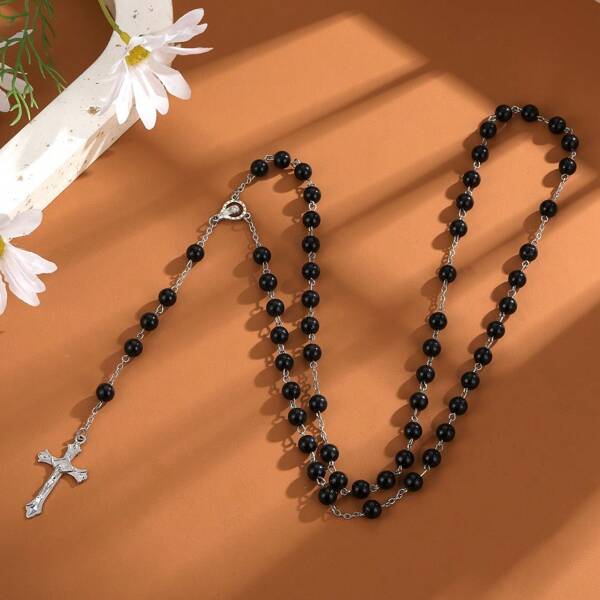 1 Black Elegant Classic Faux Pearl Long Necklace Fashion Cross Pendant Necklace