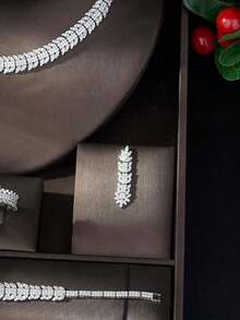 1 套经典白色迪拜女士珠宝套装叶形新娘项链和耳环套装奢华女士 - 銀色 - 查看 3