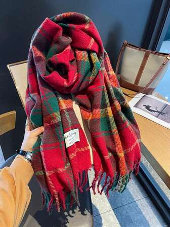 1 件女用雙面保暖流蘇圍巾,經典紅綠格紋披肩,適合秋季、冬季、聖誕節和新年,適合日常使用