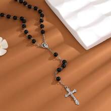 1 Black Elegant Classic Faux Pearl Long Necklace Fashion Cross Pendant Necklace