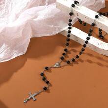 1 Black Elegant Classic Faux Pearl Long Necklace Fashion Cross Pendant Necklace