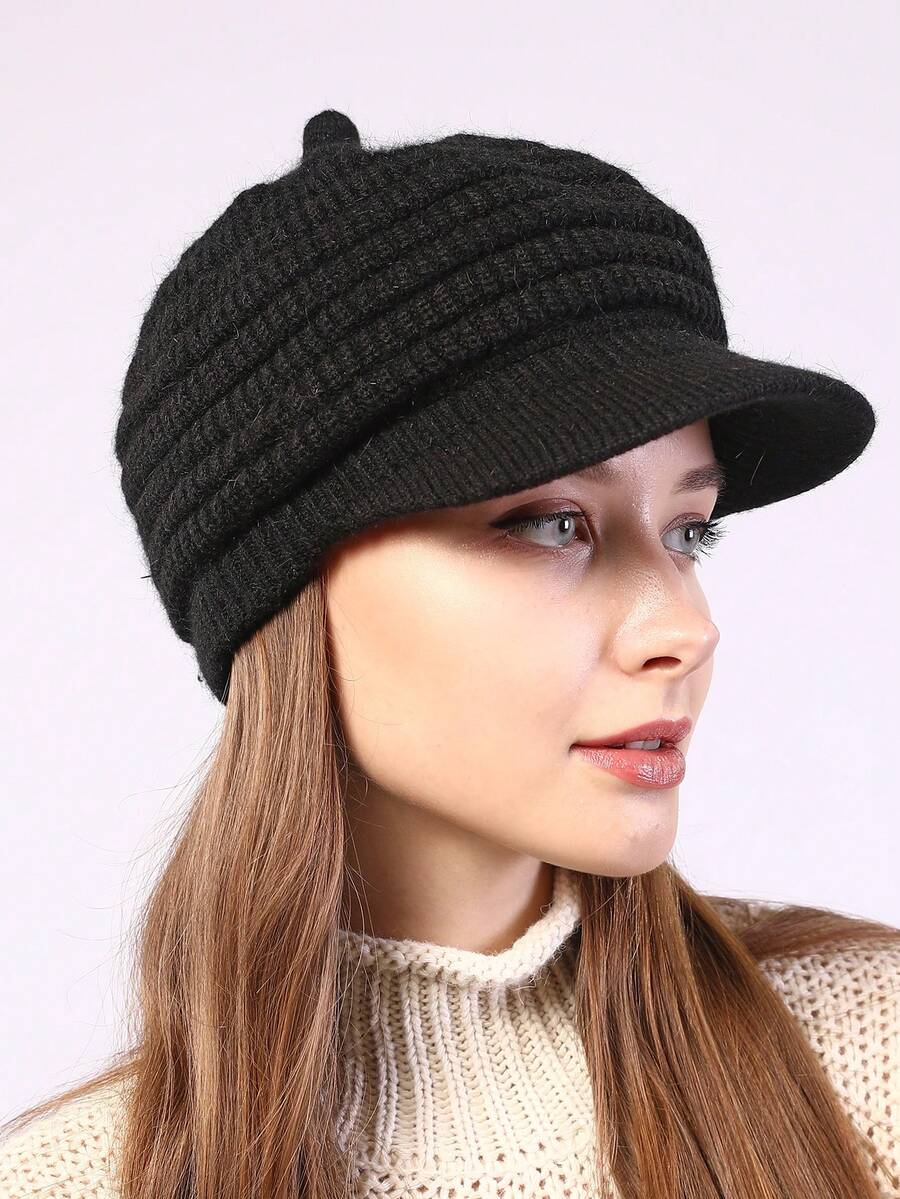 1個女性黑色柔軟針織帽,帶有保暖耳罩,秋冬時尚休閒 - 黑色 - 查看 1