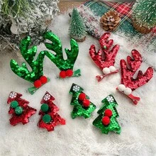 4入組聖誕閃耀髮夾,2對紅色和綠色鹿角形髮夾,適合節日、生日和聖誕禮物贈送