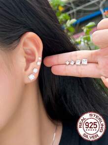 1 Par De Aretes De Pasador Cuadrados De Plata Esterlina 925 Puros Con Diamantes De Imitación Brillante Y De Corte Princesa 5a, Joyería De Compromiso Diaria Para Mujeres Y Niñas, Accesorios De Regalos De Joyería