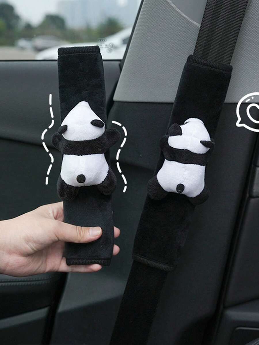 2pcs Black & White Cartoon Car Seat Belt Shoulder Pads With Cute Panda