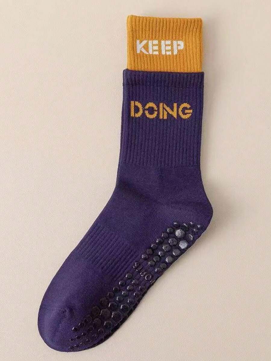 1對女士運動瑜伽襪,防滑矽膠底,透氣中筒長度