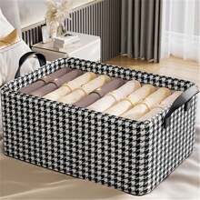 1 件黑色和白色千鳥格鋼框籃和花卉印花織物收納盒,適合衣服和褲子,可折疊 - 黑與白 - 查看 5