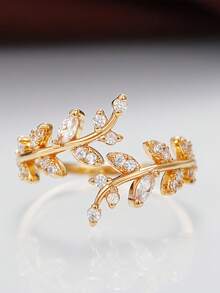 1pc Chic Zirconia & Rhinestone Decor Leaf & Branch Shaped Adjustable Open Ring For Women With Opening Design On One Side - Yellow Gold - View 6