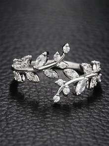 1pc Chic Zirconia & Rhinestone Decor Leaf & Branch Shaped Adjustable Open Ring For Women With Opening Design On One Side - Yellow Gold - View 5