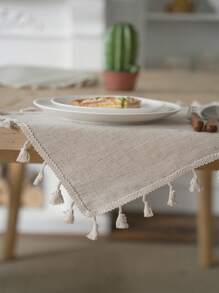 Bubaba 1pc Bohemian Bamboo Knot Linen Rectangular Tablecloth With Tassels, Beige Color, Home Decor For Dining Room, Kitchen, Bedroom, Living Room, Party, Wedding, Holiday Celebration, Fits Round Tables, Cafe - Beige - View 9