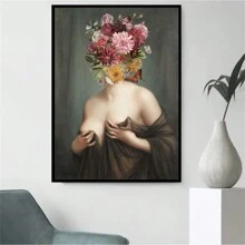 1入組無框花卉女士海報古代油畫女士帶花頭壁畫衛浴臥室辦公室客廳家居裝飾
