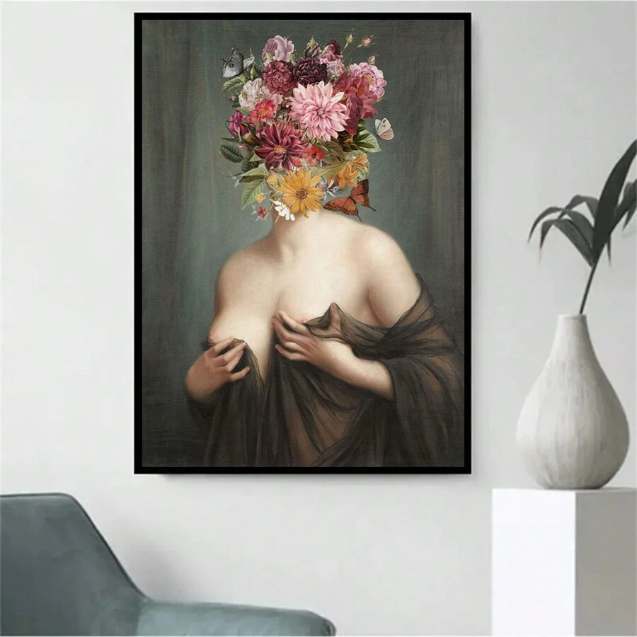 1入組無框花卉女士海報古代油畫女士帶花頭壁畫衛浴臥室辦公室客廳家居裝飾