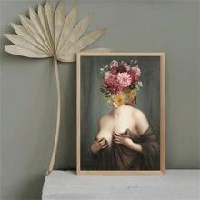 1入組無框花卉女士海報古代油畫女士帶花頭壁畫衛浴臥室辦公室客廳家居裝飾
