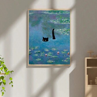 1幅可爱猫咪帆布印刷海报，黑猫帆布墙画，适用于客厅、卧室、浴室、办公室、走廊、厨房墙面装饰（无框/有框）