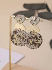 1pair Personalized Fashionable Handmade Soft Clay Material Brown Random Texture Gold Foil Geometric Patchwork Party High-End Earrings For Women Suitable For Parties, Travel, Vacation, And As A Gift - Brown - View 5