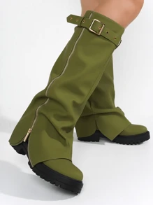 Women's Mid Calf Platform Boots With Fold Over Ruched Design, Chunky Heel, Round Toe, Wide Calf Pull On Style, Y2K Inspired Booties For Daily Wear And Parties - 橄欖綠 - 查看 5