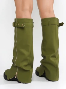 Women's Mid Calf Platform Boots With Fold Over Ruched Design, Chunky Heel, Round Toe, Wide Calf Pull On Style, Y2K Inspired Booties For Daily Wear And Parties - 橄欖綠 - 查看 6