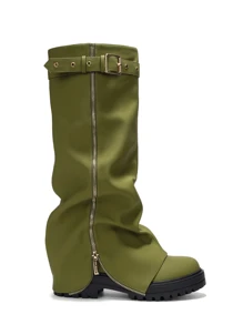 Women's Mid Calf Platform Boots With Fold Over Ruched Design, Chunky Heel, Round Toe, Wide Calf Pull On Style, Y2K Inspired Booties For Daily Wear And Parties - 橄欖綠 - 查看 2