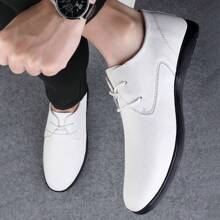 男士白色皮鞋,真皮製,柔軟鞋底,秋季新風格,透氣男款休閒韓國風系帶青少年帥氣鞋