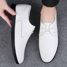男士白色皮鞋,真皮製,柔軟鞋底,秋季新風格,透氣男款休閒韓國風系帶青少年帥氣鞋