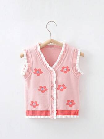 1件女童可愛花卉提花無袖針織開衫,適用於春秋季節